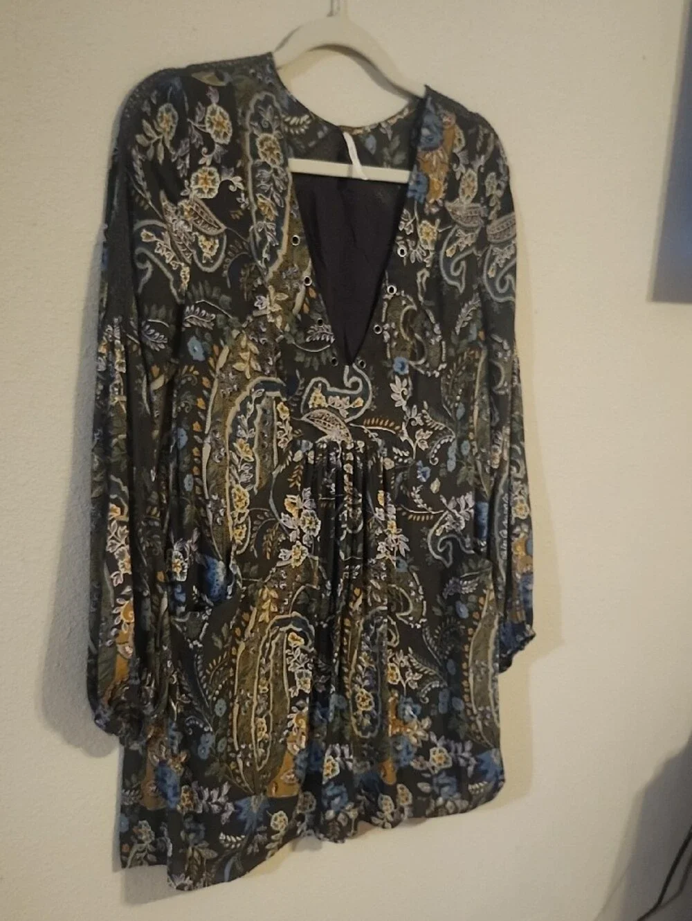 Free People Black Paisley Mini Dress with Blue & Olive Floral Motif